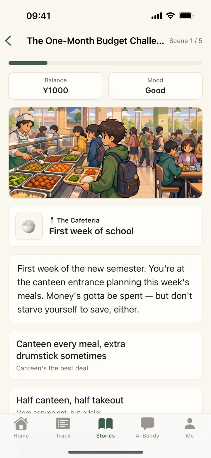 BudgetBuddy story screen with branching choices